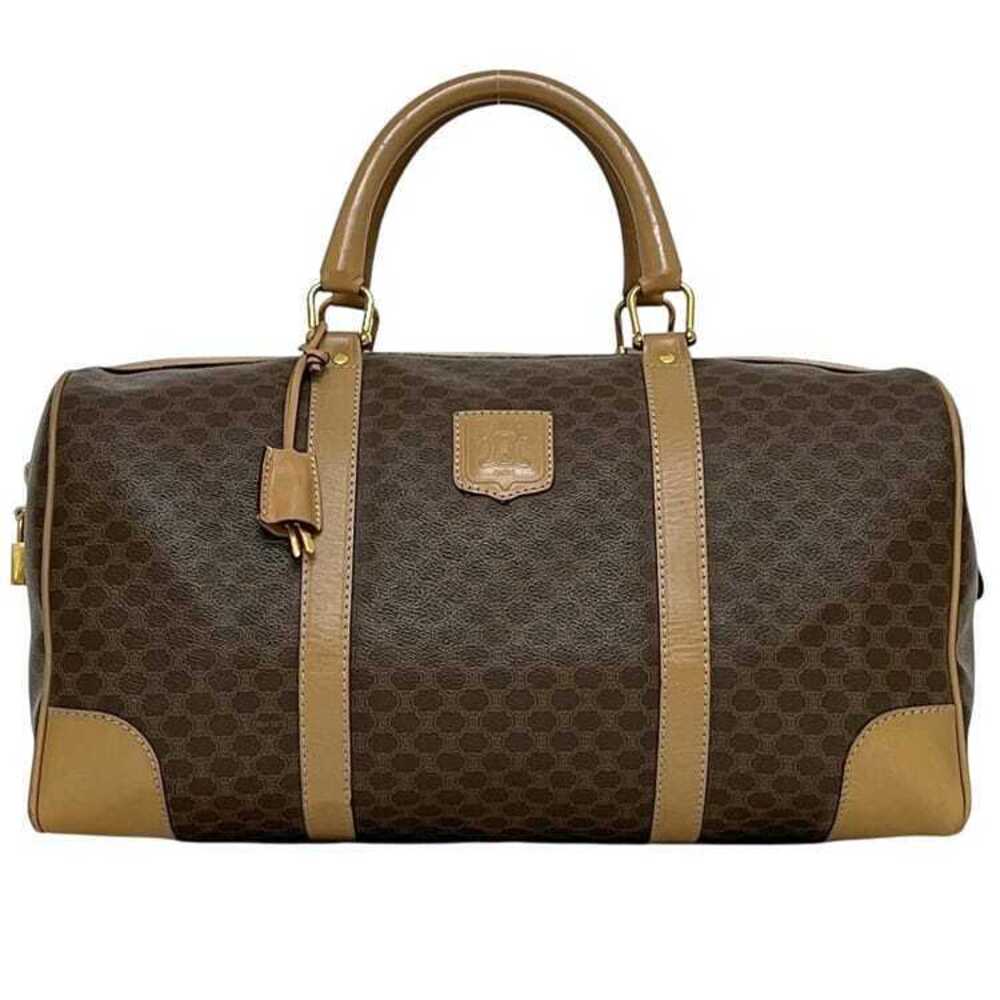 Celine Boston Bag Brown Macadam Leather Zipper Key Travel Logo All over